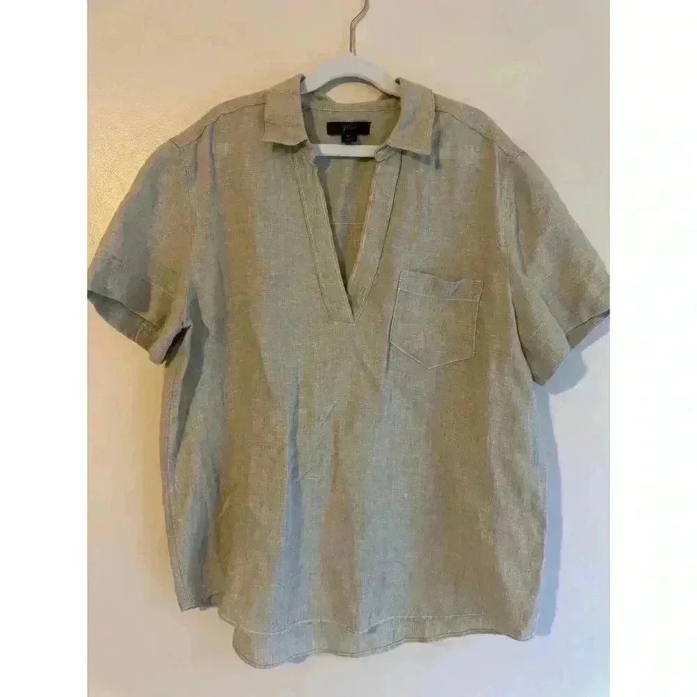 J. Crew 100% Linen Collared V-Neck Short Sleeved Blouse Lagenlook Size small